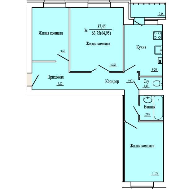 3 трехкомнатная квартира третий этаж 3 подъезд литера 14.3 Просторный